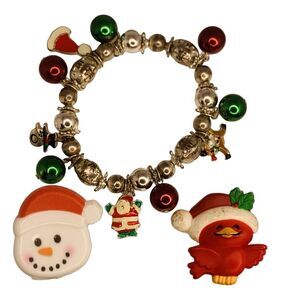 VTG Christmas Charm Bracelet Set Pin Ring Ugly Christmas Sweater Accessories